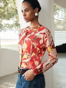 Lumivelle Cárdigan de mujer con cuello redondo y botón único, suéter corto de punto con estampado, primavera/otoño