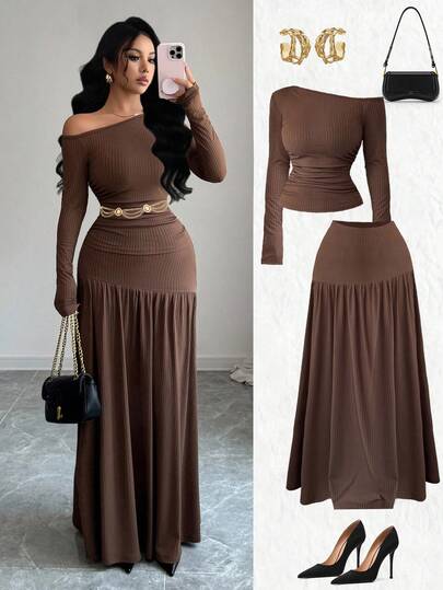 Elenzga 2件套春秋返校新款棕色弹力条纹宽松斜肩褶皱修身长袖T恤+高腰褶皱喇叭裙