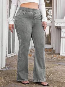 EURMUSE Quần jeans ống loe cạp cao, dáng ôm, giặt thường ngày cỡ lớn - Xám - Xem 4