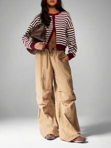 MISSGUIDED Beige Cargo Wide Leg Pants Drawstring Waist Y2K Streetwear Fall Winter Bottoms Oversized Loose Fit Fashion Aesthetic Casual Wear