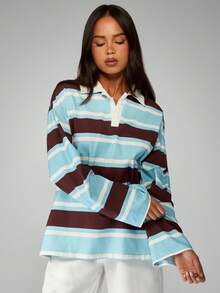 MISSGUIDED Cotton Retro Stripe Rugby Polo Oversized Long Sleeve Collared Pullover Autumn Winter Casual Weekend Loungewear Preppy Relaxed Fit Classic - Multicolor - View 6