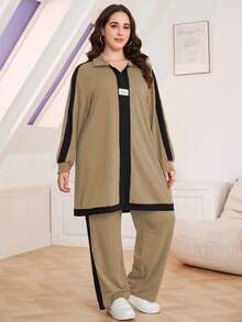 Lacomfia 2pcs Plus Size Casual Color Block Stand Collar Loose Top And Pants Set, Autumn 2 Pieces Set - Khaki - View 4