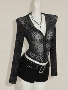 SHEIN ICON 女士半透明动物印花植绒长袖前开高领性感外套，适合派对、休闲、万圣节、夏季伊比沙岛波西米亚音乐节、性感俱乐部狂欢、演出后、秋季、冬季 - 黑色 - 查看 6