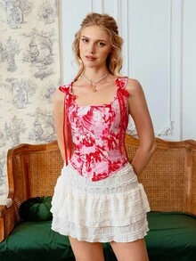 Myrelith 1 pieza Camiseta con cordones y estampado para mujer con efecto moldeador - Rojo y blanco - Ver 4