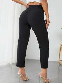 SHEIN EZwear 大码女式纽扣装饰牙签图案休闲黑色长裤