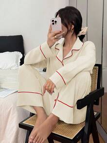 SHEIN 撞色滚边翻领双口袋女士长袖上衣+裤子睡衣套装，秋冬服装 - 米色 - 查看 1