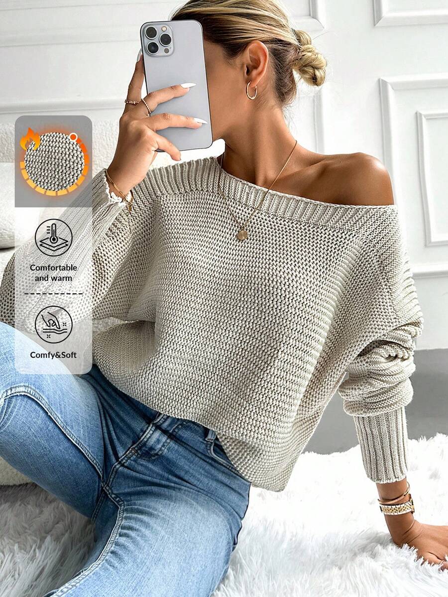 EURMUSE Solid Boat Neck Batwing Sleeve Sweater - Beige - View 1