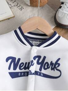 SHEIN 2pcs/Set Boys American Style Baseball Jacket Outfit, White & Blue Contrast Letter Print Jacket + Jogger Pants, Autumn/Winter