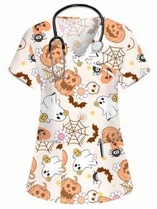 PopScrub Women's V-Neck Oblique Collar Short Sleeve Double Pocket Side Slit Cute Halloween Print Nurse/Adorable Halloween Pumpkin, Ghost, Witch, Spider, Bat, Pumpkin Lantern, Doctor Work Uniform Top/ Examination Surgery Uniform/Women Solid Color Pet Grooming Work Uniform Top/Nutritionist Work Uniform Short Sleeve/Lab Work Uniform, Multi-Pocket Functional Work Wear - Beige - View 1