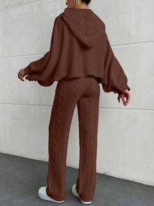 EURMUSE Casual Cable Knit Hooded Crop Sweater & Cable Knit Sweater Pants 2 Pieces Co-Ords,Loungewear Set,Petite,Winter Clothes - Brown - View 2
