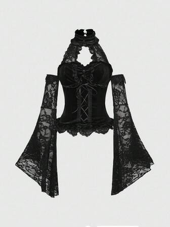 Goth Elegant Stand Collar Lace Patchwork Tie-Up Waist Flare Sleeve Velvet Women Blouse