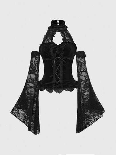 Goth Blouse en velours pour femmes avec col montant élégant, patchwork de dentelle, taille nouée et manches évasées
