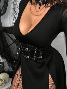 Whyspr Große Größen Damen V-Ausschnitt Langarm Glockenärmel Spitze Patchwork Mesh transparentes elegantes Vintage Lässig Süß Sexy Punk Goth Party Halloween langes Kleid mit Doppelschlitz