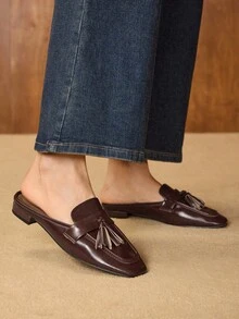 MOTF VINTAGE TASSEL SLIP-ON COMFORTABLE CASUAL OIL WAX LEATHER TEXTURE SQUARE TOE FLAT MULES - Coffee Brown - View 8