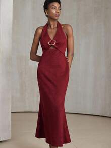 Aveloria Modichic Vintage Elegant Luxury Halter Backless Hollow Metal Buckle Decor Waist Cinched Sexy Fishtail Hem Women Long Sleeveless Dress