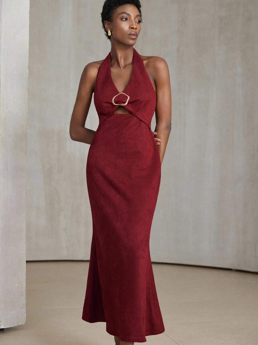 Aveloria Modichic Vintage Elegant Luxury Halter Backless Hollow Metal Buckle Decor Waist Cinched Sexy Fishtail Hem Women Long Sleeveless Dress