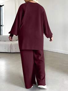 EURMUSE Plus Size Solid Color Long Sleeve Sweatshirt Set With Hoodie & Pants - Burgundy - View 2
