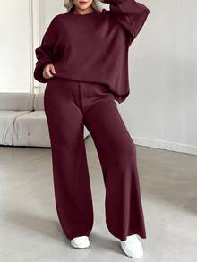 EURMUSE Plus Size Solid Color Long Sleeve Sweatshirt Set With Hoodie & Pants - Burgundy - View 4