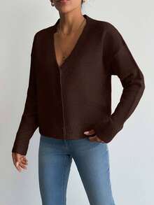 EURMUSE 女式纯色落肩长袖单排扣休闲开衫 - 棕色 - 查看 5