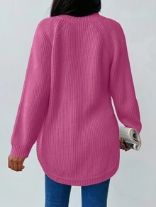 EURMUSE Women's Solid Color Mock Neck Raglan Sleeve Sleeve Loose Casual Versatile Sweater - Hot Pink - View 2