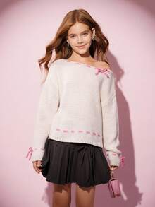 SHEIN Fall Winter Vintage Tween Girls Sweaters - White - View 3