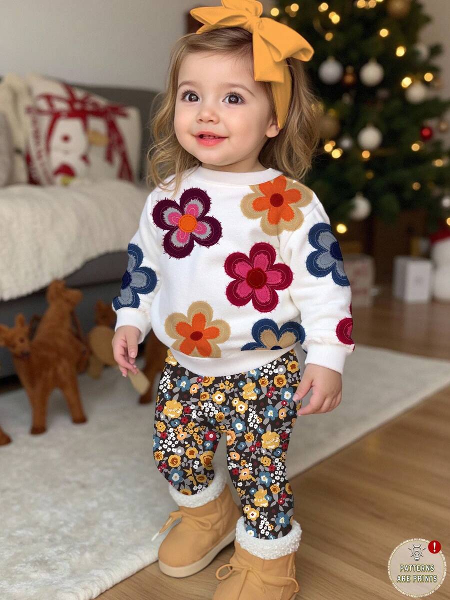 Emery Rose Kids Emery Rose Kids 2 件女婴休闲可爱纹理碎花柔软厚圆领长袖运动衫和花卉图案打底裤套装，适合秋冬季 - 彩色 - 查看 1