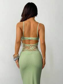 SHEIN PETITE Váy ren xuyên thấu cho nữ, trang phục dự tiệc gợi cảm, trang phục hẹn hò và lễ hội, phù hợp cho mùa thu và mùa đông, có thể dùng làm lớp lót bên trong - màu xanh lá - Xem 2