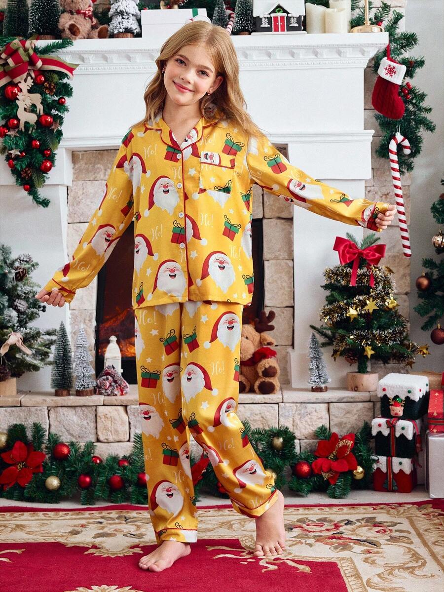 FamilyFrolics Tween Girl Cute Santa Claus Print Long Sleeve Button-Up Top And Pants Pajama Set, Christmas