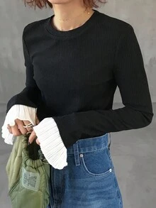 FRIFUL 女式黑色圆领长袖罗纹面料撞色褶皱喇叭袖口修身百搭 T 恤，秋季 - 黑色 - 查看 4