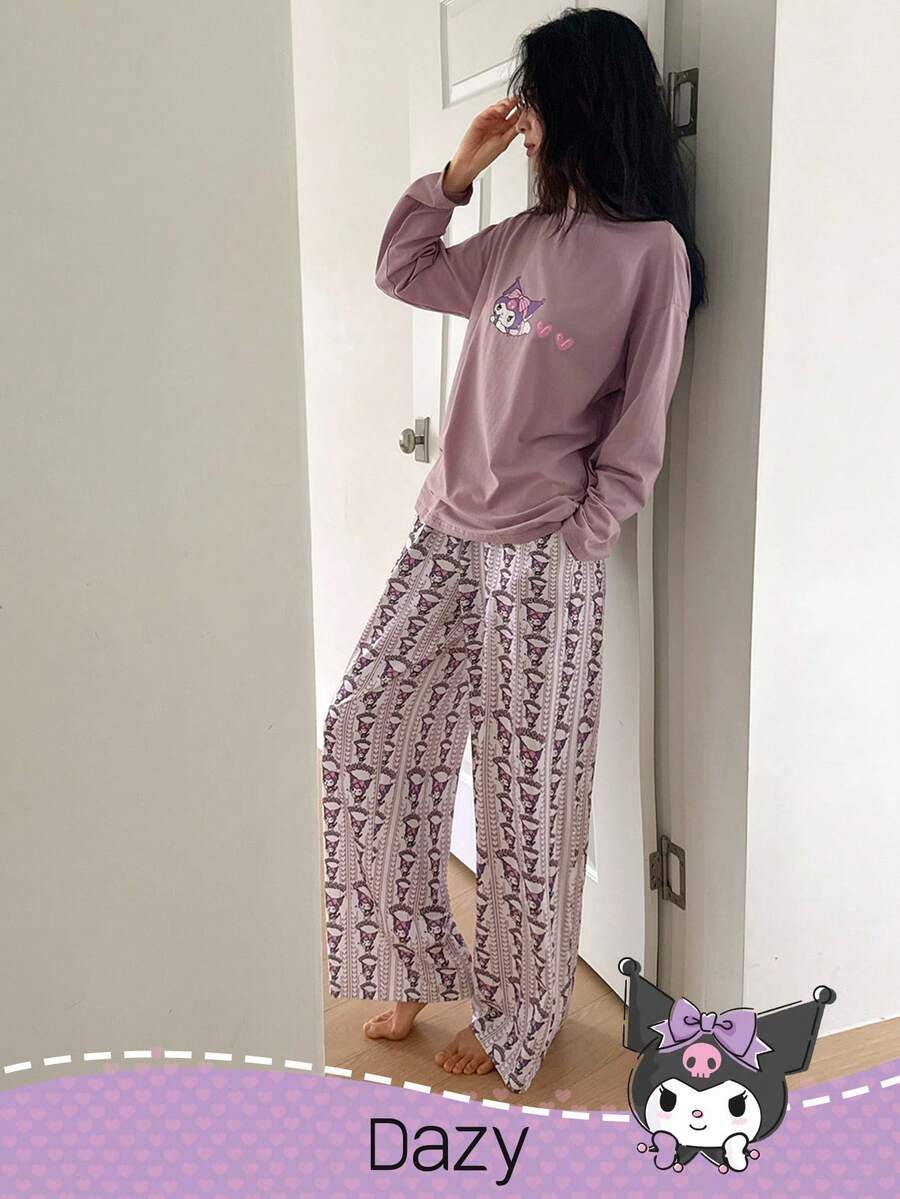 DAZY HELLO KITTY AND FRIENDS | SHEIN Damski, uroczy, kreskówkowy komplet piżamowy z długim rękawem i luźnymi spodniami, z nadrukiem na całej powierzchni, na wiosnę/jesień i jesień/zimę - Jasnofioletowy - Zobacz 1