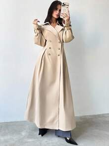 Firerie 女式优雅精致休闲都市通勤时尚百搭卡其色长袖收腰褶皱 A 字形口袋前开扣长款风衣，秋冬 - 卡其色 - 查看 2