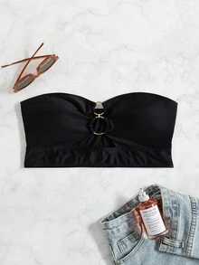 Swim Basics Summer Beach Ring Linked Bandeau Bikini Top - Black - View 5