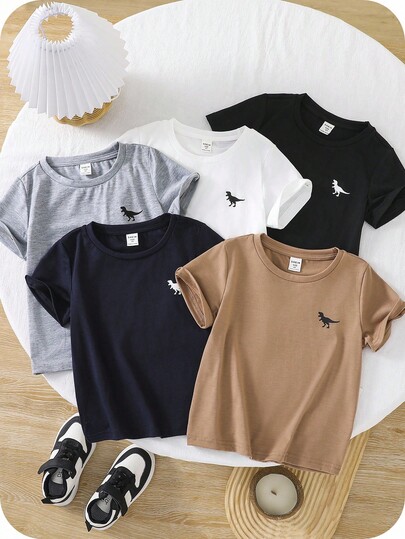 SHEIN Paquete de 5 camisetas de cuello redondo de manga corta con estampado de dinosaurio lindo para niños pequeños, multipack