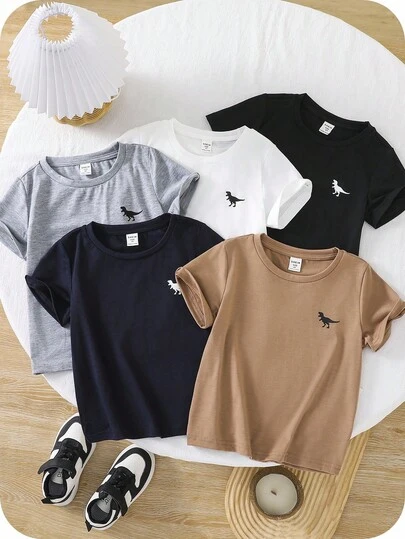 SHEIN 5pcs/Pack Young Boys Cute Dinosaur Print Fitted Crew Neck Short Sleeve T-Shirts, Multipack, School, Campus, College