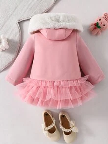 SHEIN 女婴圣诞节、万圣节服装，冬季，星期三，黑色连衣裙，圣诞节，万圣节，女婴蝴蝶装饰长袖拉链前片拼接网纱荷叶边下摆可爱连帽冬季外套 - 粉色 - 查看 2