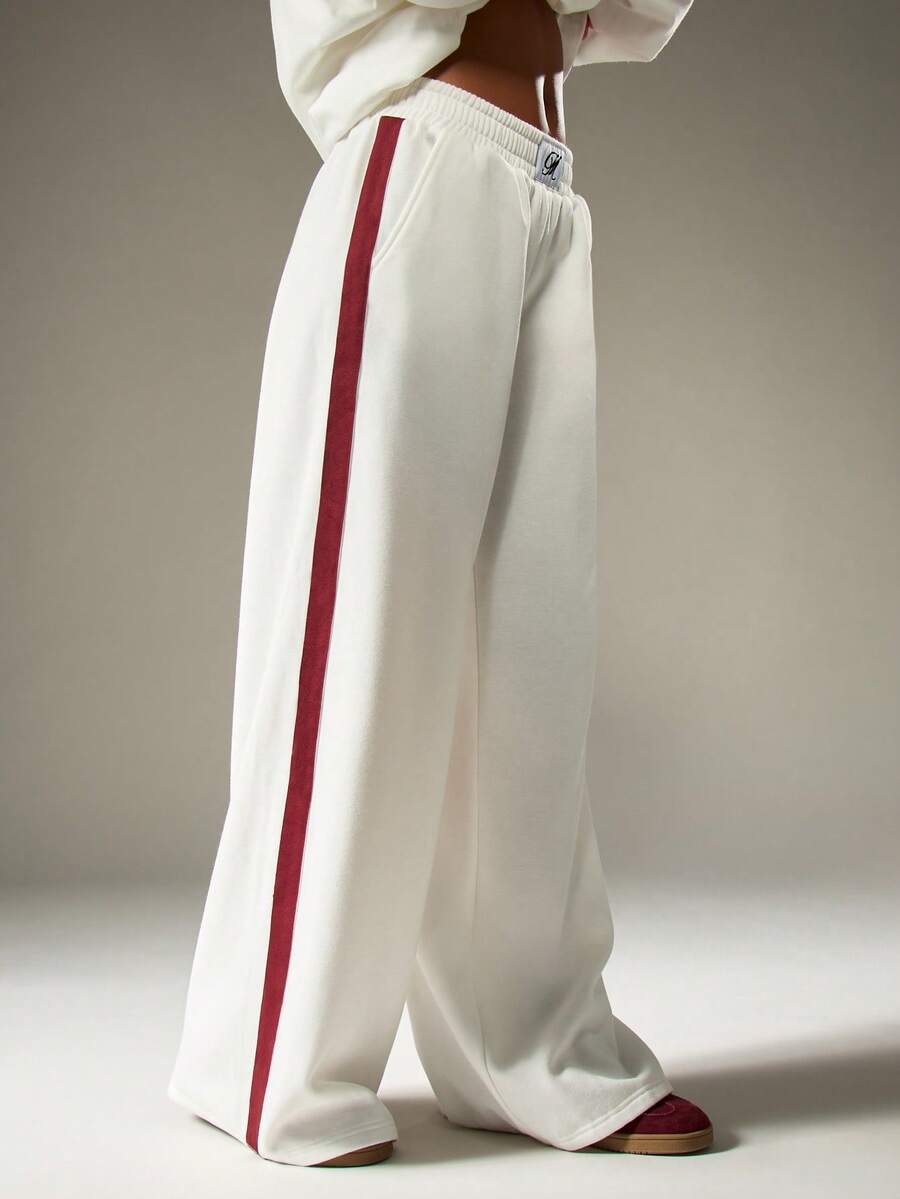 MISSGUIDED Wide Leg Lounge Pants Retro Side Stripe Track Pants Elastic Waist Casual Wear Fall Winter Comfortable Relaxed Palazzo Style Bottoms - Beige - View 1