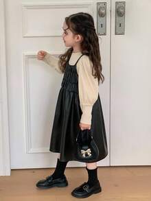 DAZY 2pcs/Set Young Girls Crew Neck Puff Sleeve Knit T-Shirt + Fashionable Dress Outfit, Fall - Black - View 2
