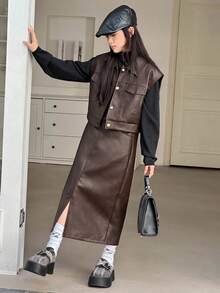 DAZY 2 件套青少年女孩服装，无袖上衣和裙子套装，秋季 - 棕色 - 查看 4