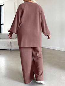 EURMUSE Ensemble casual femme grande taille, pull raglan couleur unie et pantalon tricoté - Vieux Rose - Voir 2