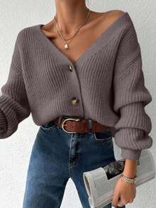 EURMUSE Women's Solid Color V-Neck Front Button Casual Cardigan - Mocha Brown - View 6