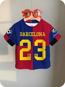 SHEIN 23 Barcelona Red & Blue Soccer Jersey, Casual Loose Fit Short Sleeve T-Shirt For Kids, Suitable For Summer Toddler Barcelona Jersey Baby Boy Barcelona Shirt Toddler Soccer Jersey 2t Barcelona Shirt Baby Boy Soccer Jersey - Multicolor - View 2