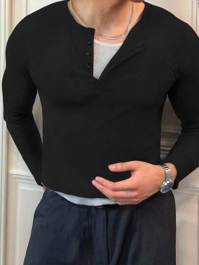 Manfinity Dauomo Men Solid Color Front Button Slim Fit Casual Long Sleeve T-Shirt, Fall