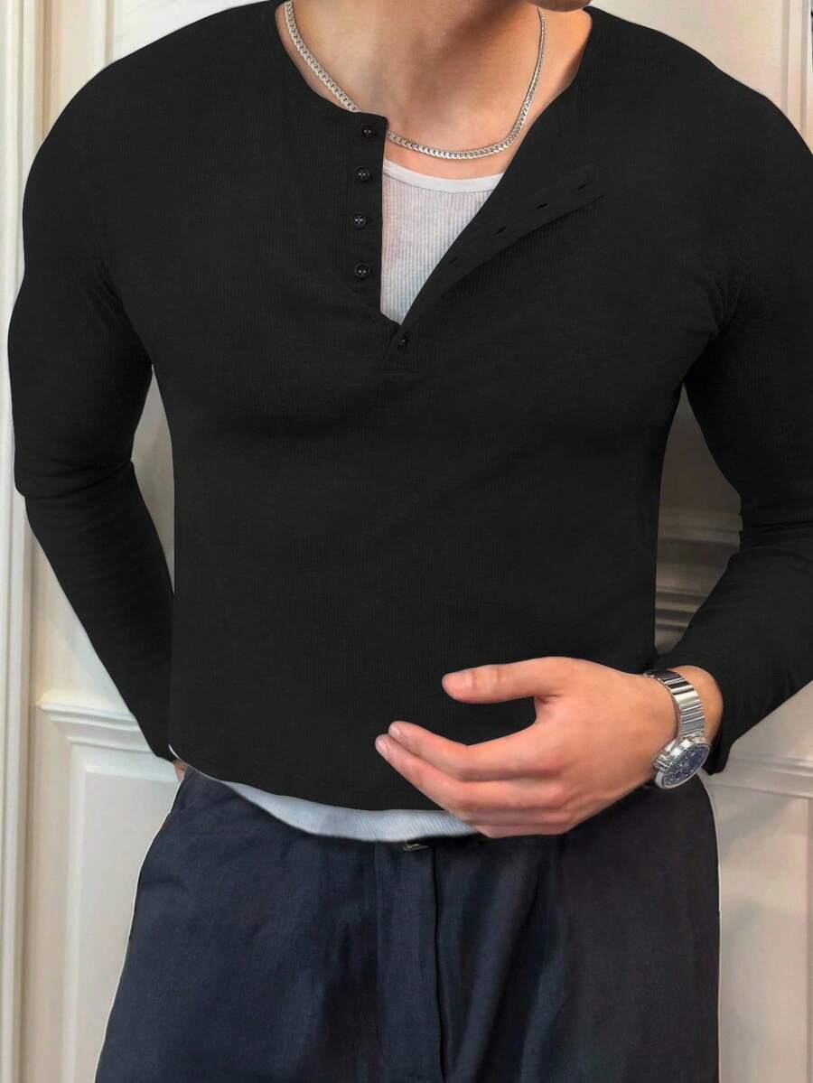 Manfinity Dauomo 男士纯色前开襟修身休闲长袖T恤，秋季款 - 黑色 - 查看 1