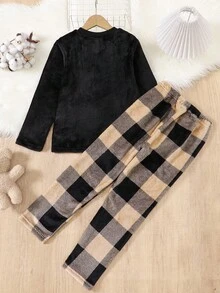 Jungen Farbblock Karomuster Taschen Langarm Pyjama Set, Herbst/Winter