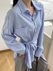 DAZY 女士翻领系带宽松长袖休闲开衫衬衫 - 藍色 - 查看 5