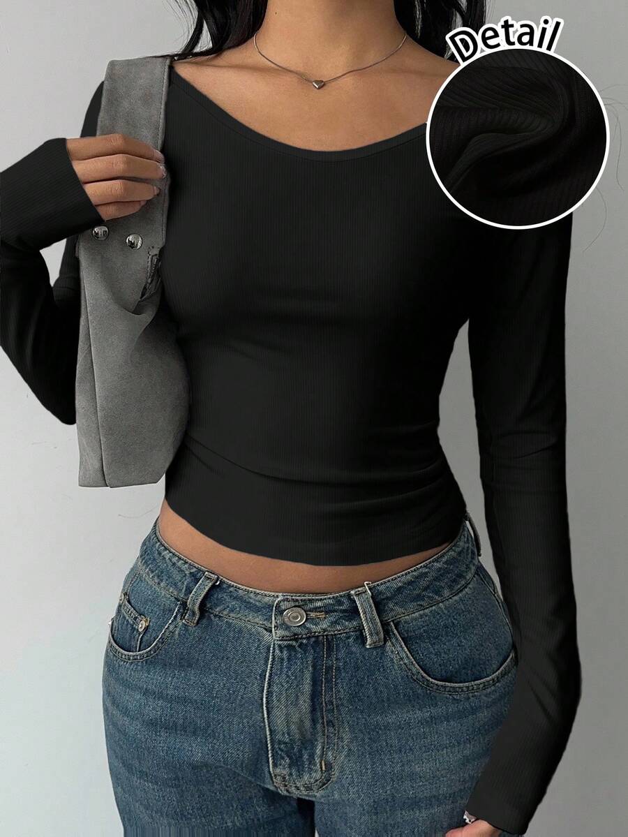 SHEIN BASICS Casual Minimalist Ribbed Wide Neck Women Long Sleeve T-Shirt, Versatile, Base Layer, Autumn/Winter,Black Tops - Black - View 1