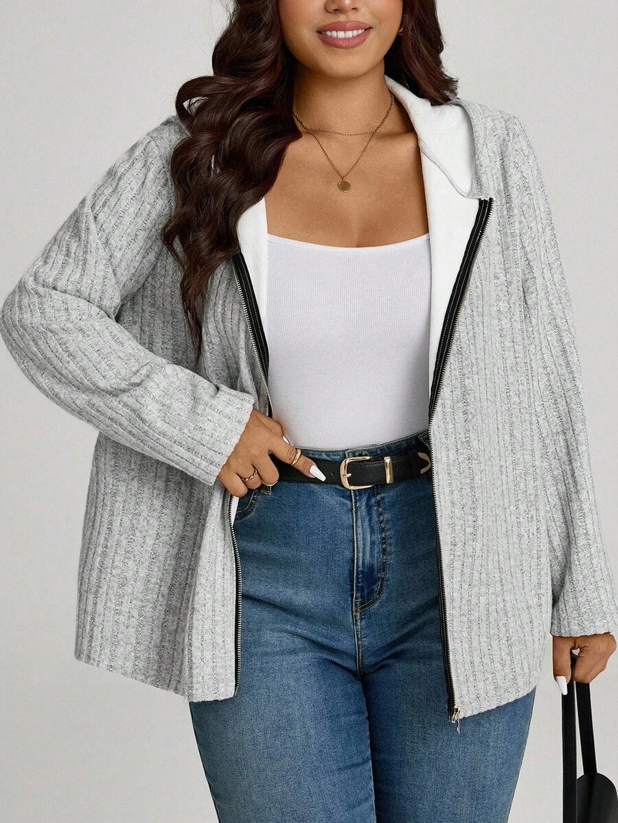 Comfylo 冬季加大码秋季休闲拼接印花蓝色拉链连帽外套，带口袋，加大码拉链连帽衫，加大码连帽开衫，曲线开衫，加大码开衫，女士冬季外套，时尚女士外套，秋季女士外套，女士冬季外套，秋冬季女士灰色上衣，时尚女士外套，女士冬季外套，时尚女士外套，秋冬季女士拉链连帽衫，乡村风外出上衣 - 灰色 - 查看 1