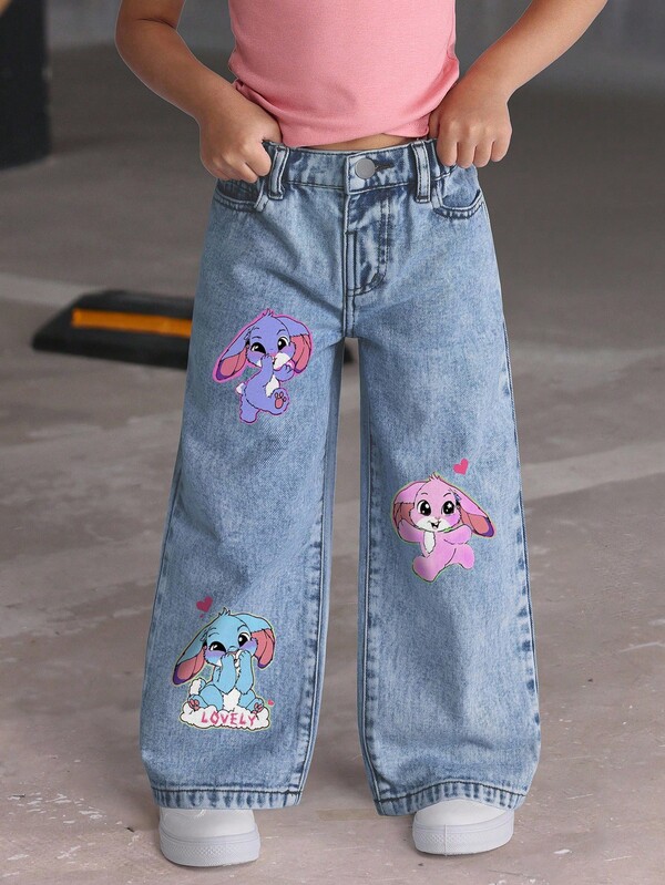 SHEIN Sparklyn Young Girls Casual Denim Jeans, Loose Straight Leg Vintage Medium Wash Blue Jeans, Cute Cartoon Print, Versatile & Fashionable, Suitable For All Seasons Fall Winter Y2k Jeans For Kids Cute Jeans For Kids