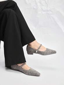 Mnmlis 女士新款灰色法式低跟尖头简约时尚针织玛丽珍鞋，圣诞节必备 - 灰色 - 查看 6