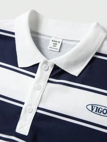 JNSQ Tween Boy Striped & Letter Print Polo Neck Pullover Sweatshirt, Suitable For Autumn/Winter Daily Wear, Outdoor Activities, Vacation, Streetwear, Party And Casual